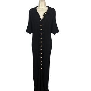 NEW! Free People FP Beach Knit Maxi Dress Short Sleeve Semi Sheer Black - L